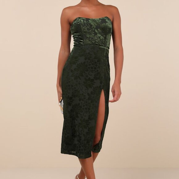 Lulus Enchantingly Chic Dark Green Velvet Burnout Strapless Midi Dress - Size M - Picture 1 of 1